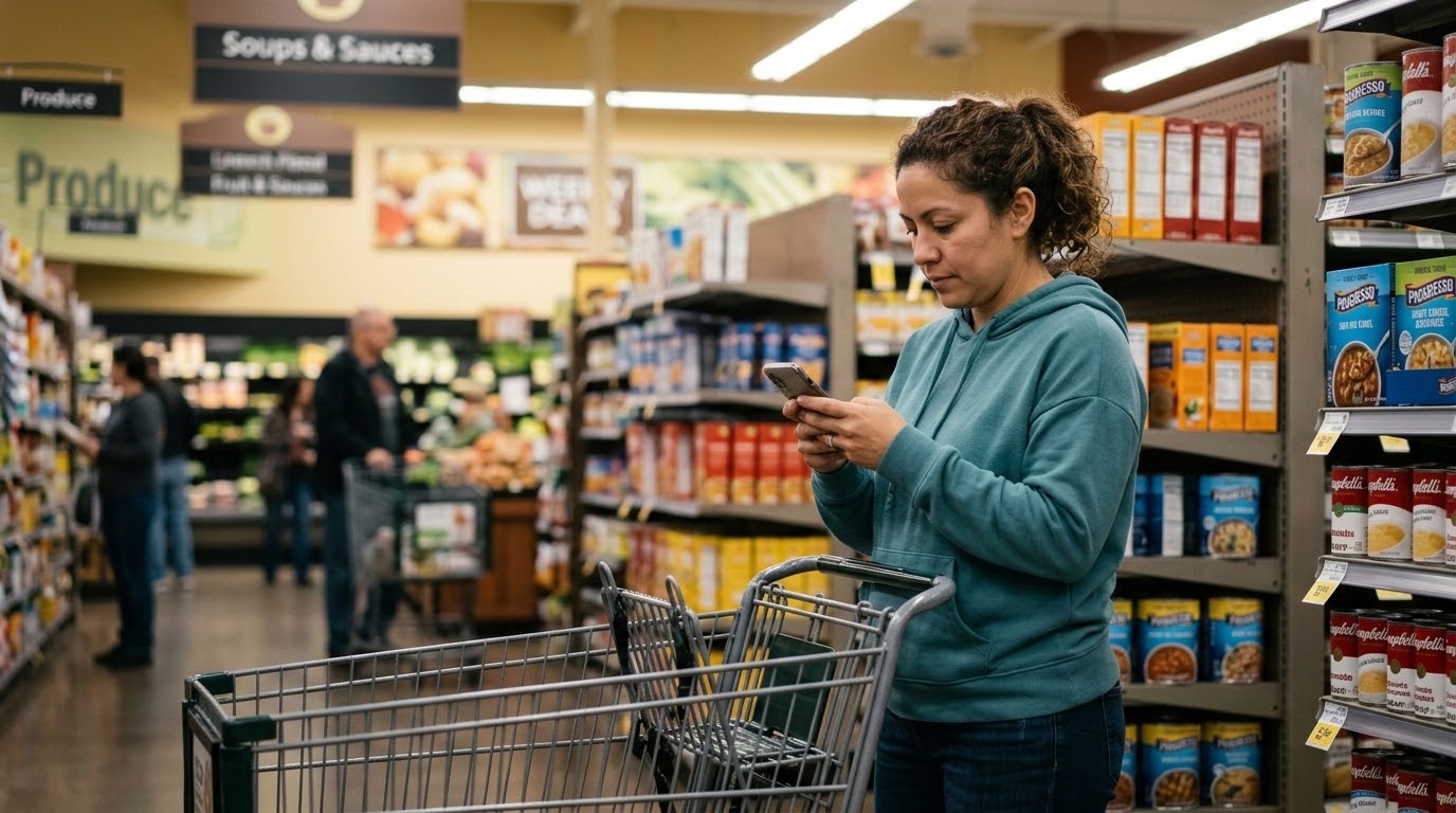 Woman checking her phone in a grocery store aisle — representing the urgency of preserving surveillance footage after a slip and fall