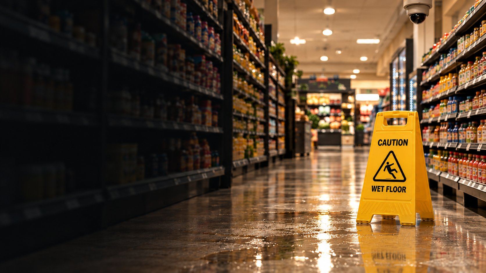 Grocery store aisle with a yellow wet floor caution sign and a ceiling security camera